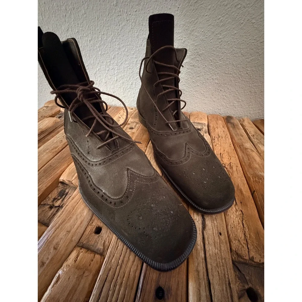 Bottega Veneta Wingtip Dress Boots Size 45 Brown Suede Lace Up Brogue Italy